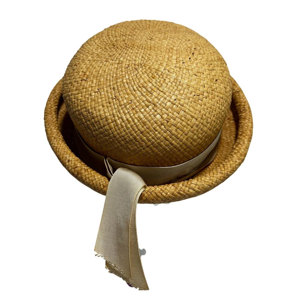 Vintage 1920's rolled brim ladies straw hat grosgrain ribbon hatband w/ FLAWS - Picture 4 of 9